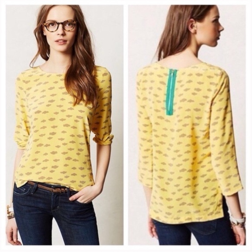 Anthropologie Linosa Silk Top Yellow Gray Clouds Printed Women's Blouse Small
